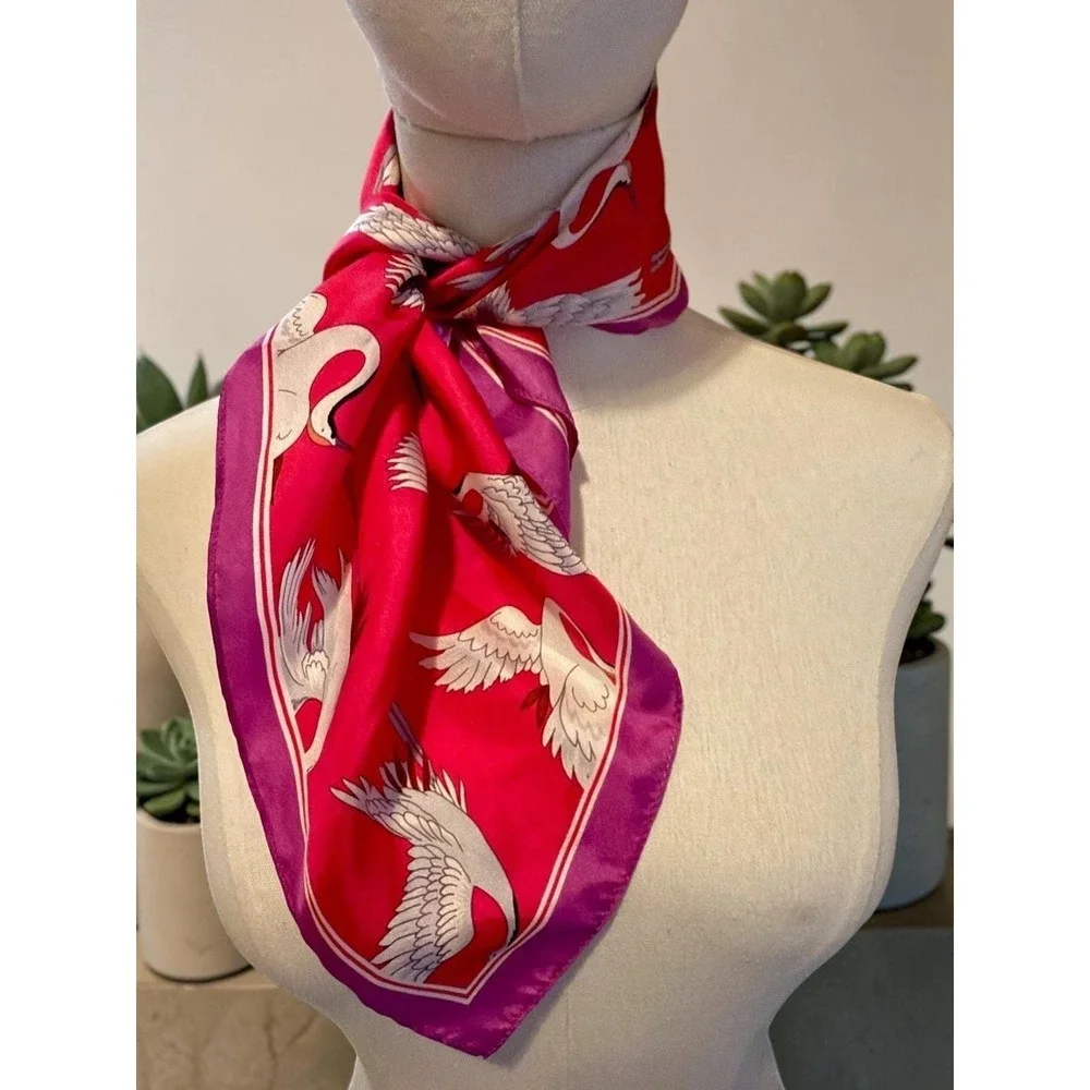 Vintage Pink Flying Cranes Square Neck Scarf Silky 21